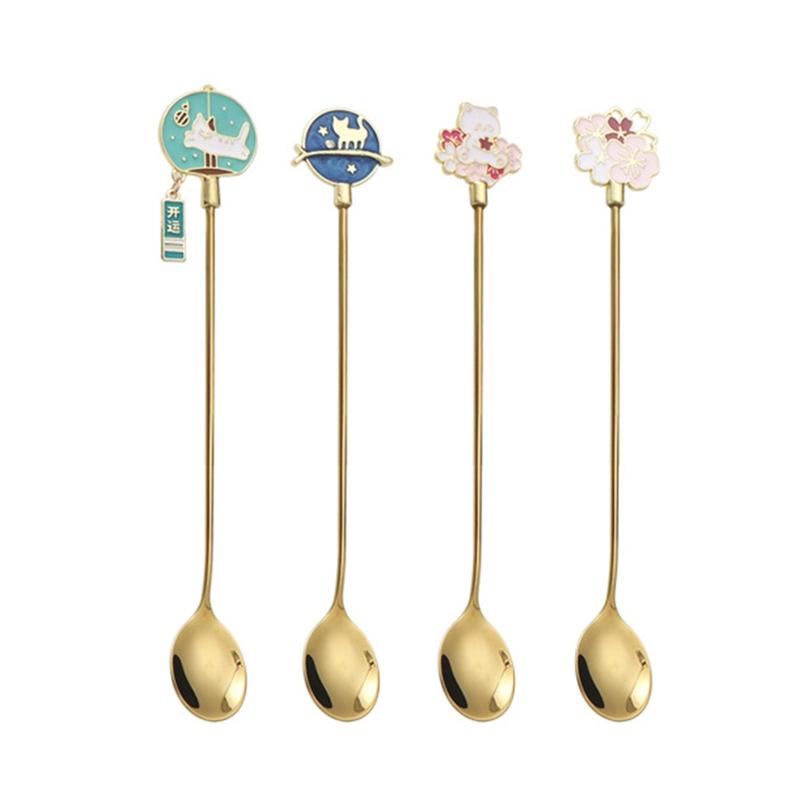 

4Pcs Coffee Dessert Spoon Fork Lovely Cats Teaspoon Stainless Steel Tableware for Restaurant, Home, Bar, Party Enduring