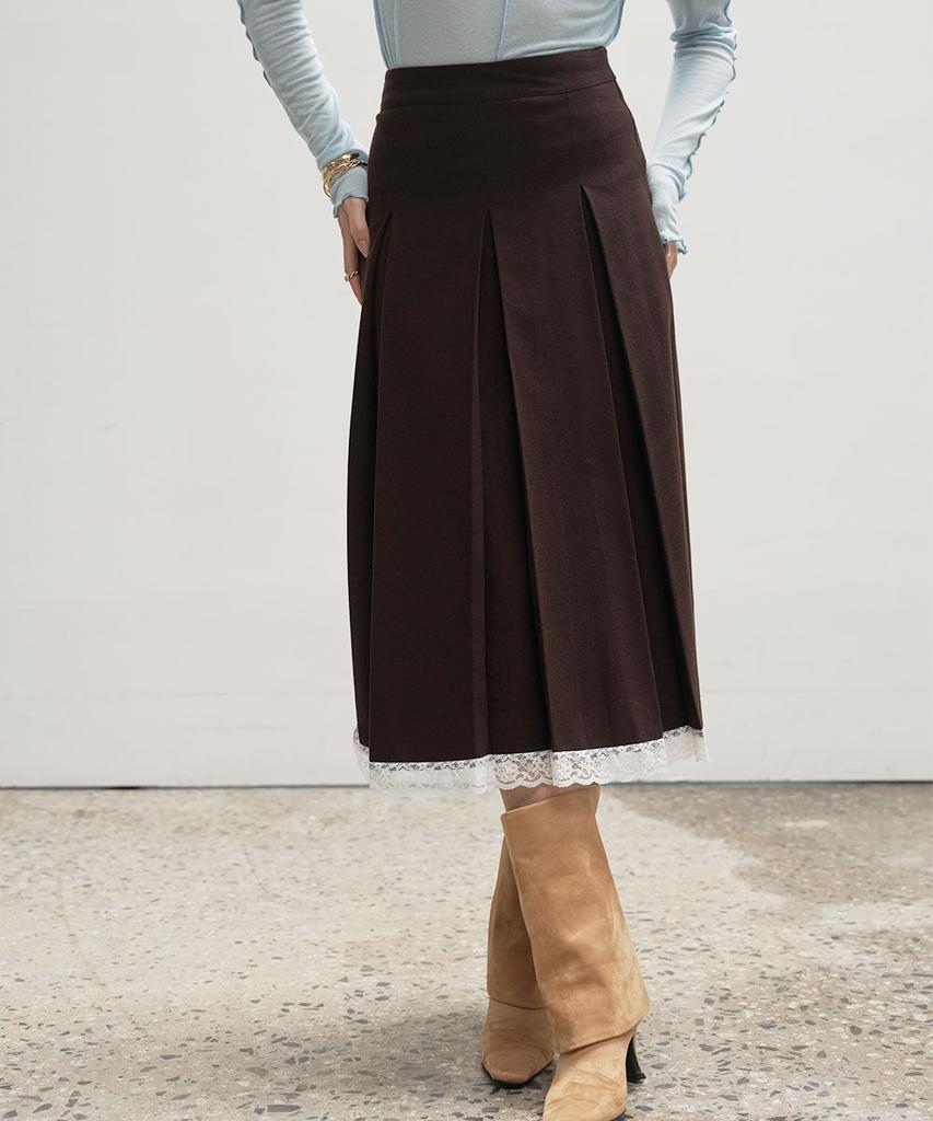 320 Showroom Inverted Pleat Lace Trim Midi Wool Skirt Brown