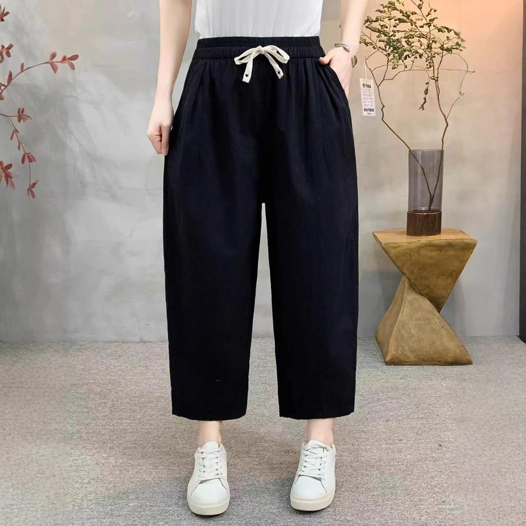 Women's Drawstring Elastic Waist Harem Pants Loose Fit Casual Trousers Summer Washed Cotton Eight Ninth Length Pants