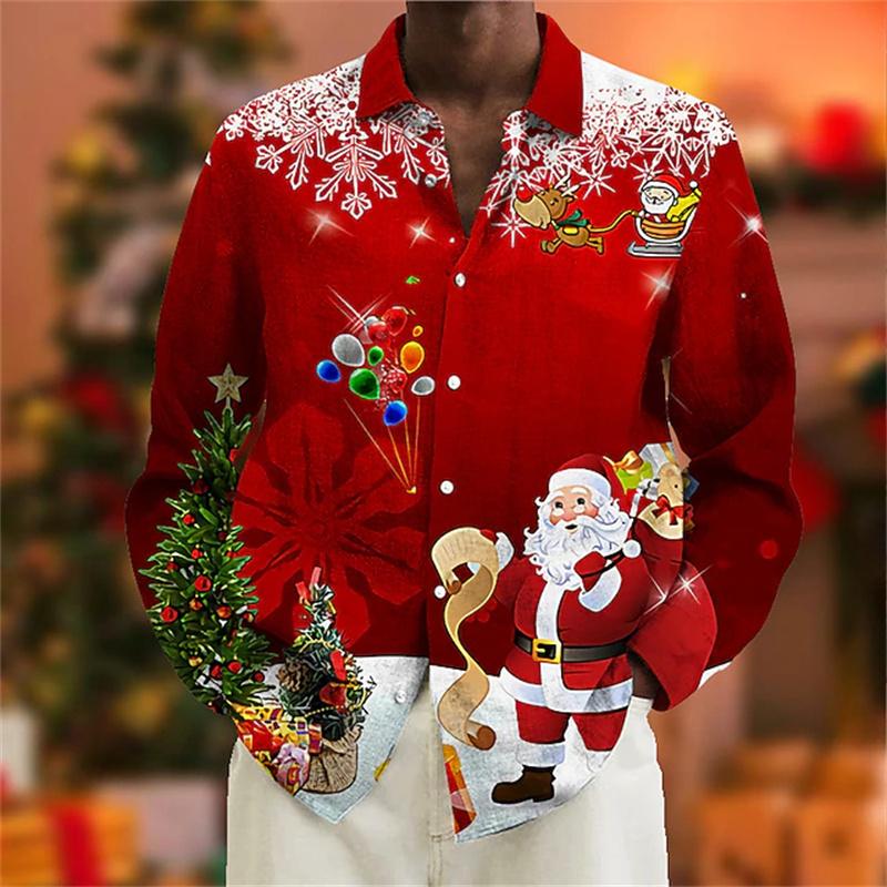 Christmas Men's Dress Shirt with Red Snowflake and Cedar Pattern, Black Lapel Bow Tie, Festive Party Style Men's Shirt