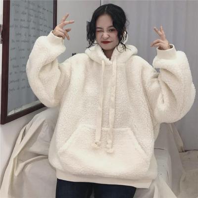 Women's Lambswool Hoodie Sweater, Korean Style - 2025 Autumn/Winter, Thickened Long-Sleeve Solid Color Pullover for Students.