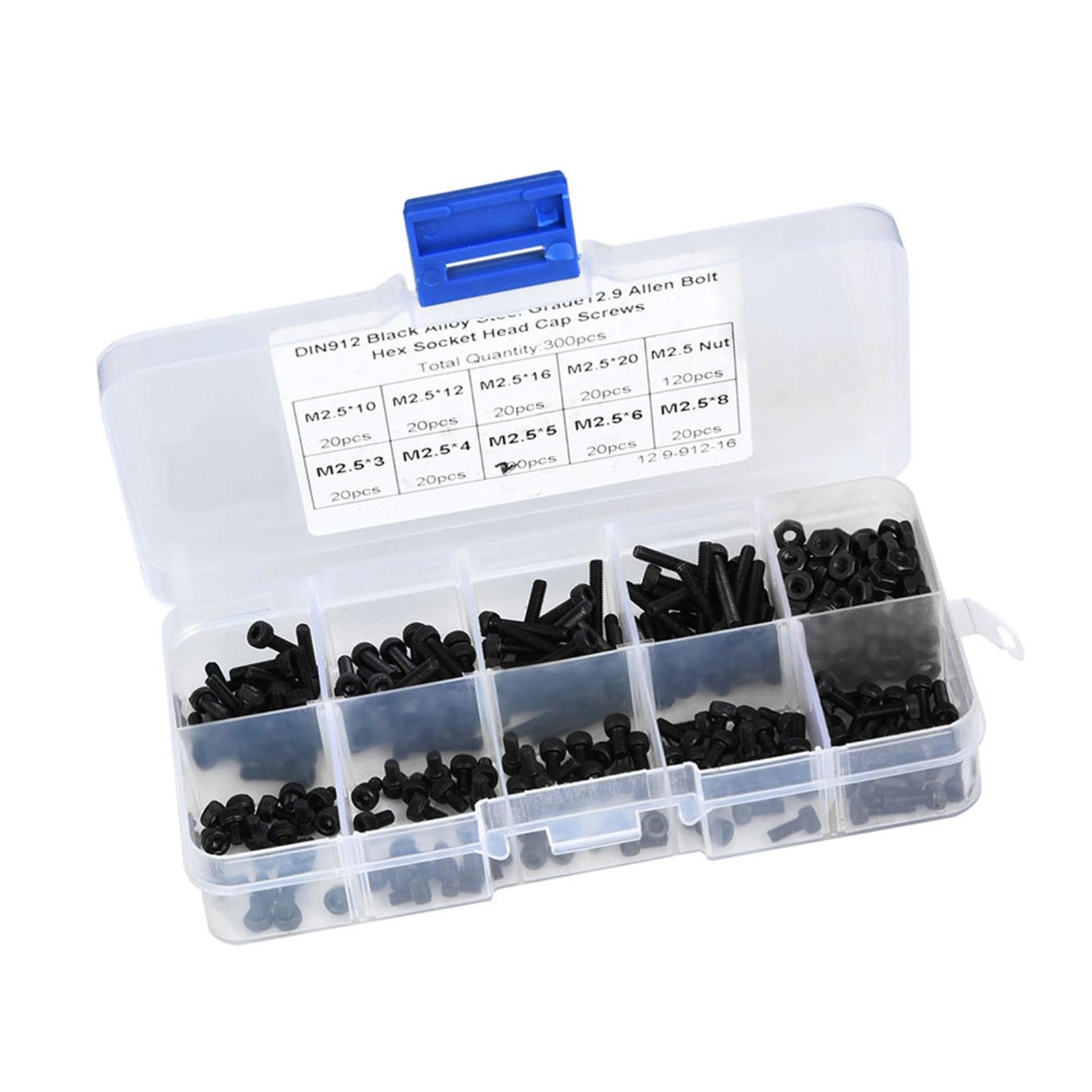 

300pcs M2.5 x 3 20mm 12.9 Grade Black Alloy Steel Hex Socket Head Cap Screw Bolt with Nut