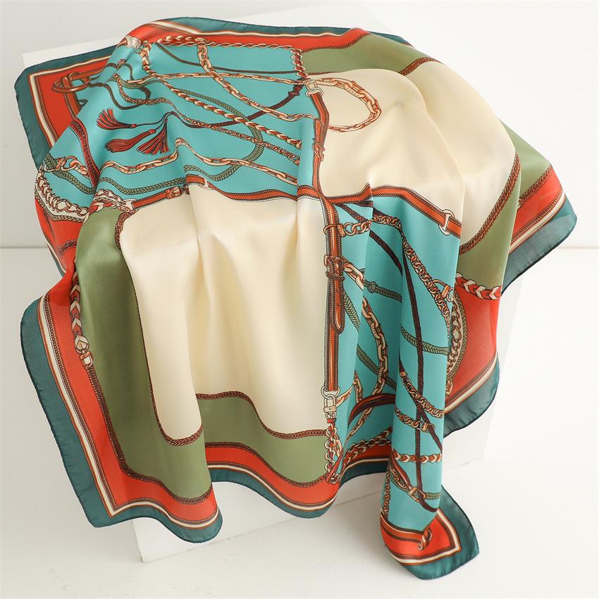 European and American chain color block splicing silk scarf sunscreen shawl versatile women's scarf simulation silk 71cm square scarf professional sca