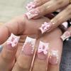 24 Piezas de Uñas Francesas Cuadradas Cortas Postizas Rosadas Acrílicas con Lazo de Perla Puntas de Uña de Cobertura Completa Extraíbles