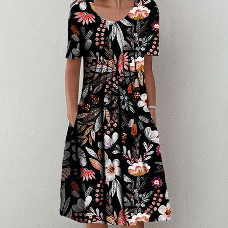 Spring and Summer Floral Print Crew Neck Pocket Women's Fashion Casual Crew Neck Trend Print Medium and Long Dress
