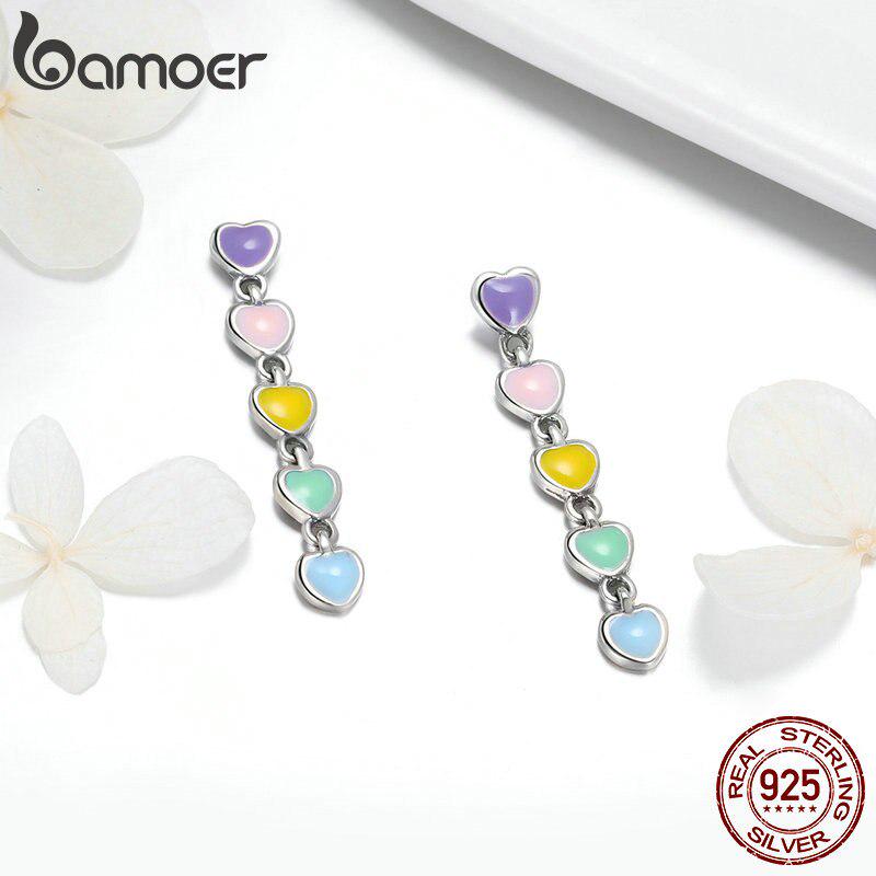 Cercei romantici cu smalț cu inimă curcubeu din argint 925 autentici BAMOER