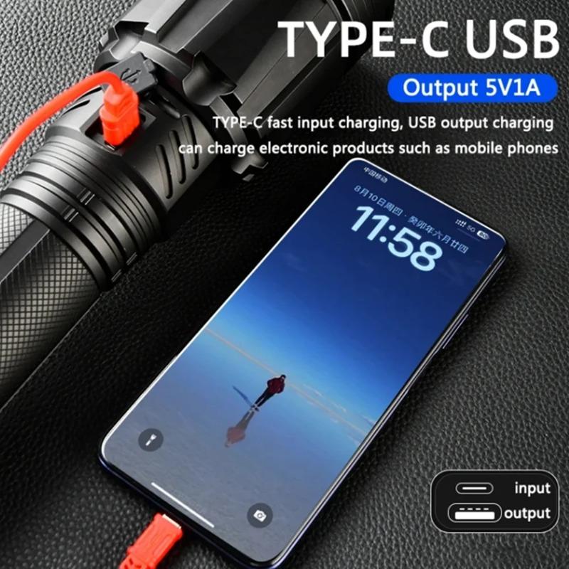 Ultra Bright Flashlight XHP360 LED Zoomable Spotlight Long Range Emergency Torch USB-C Rechargeable Detachable 18650 Battery