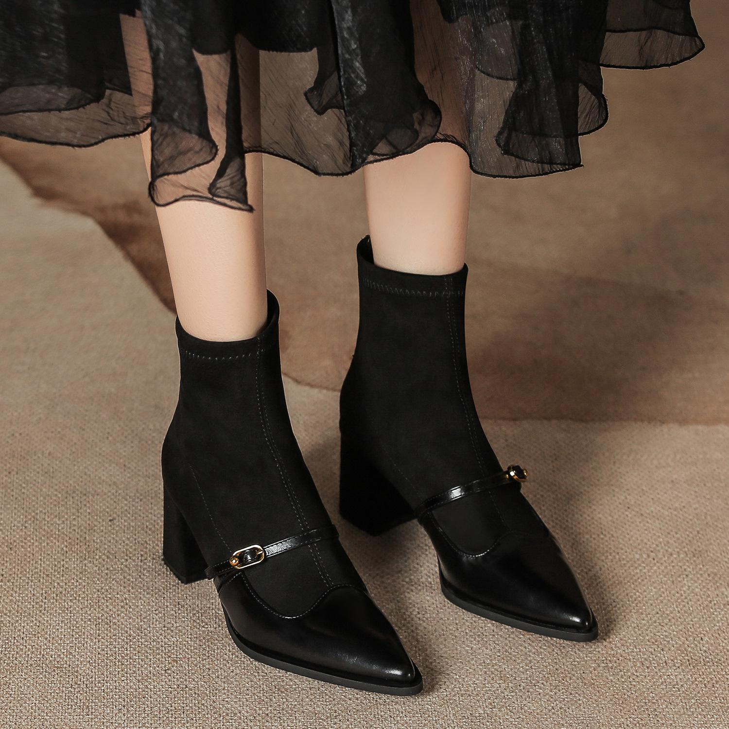 

Autumn and winter new short boots French retro pointed one-word buckle thick heel fashion boots women s medium tube suede splicing 35