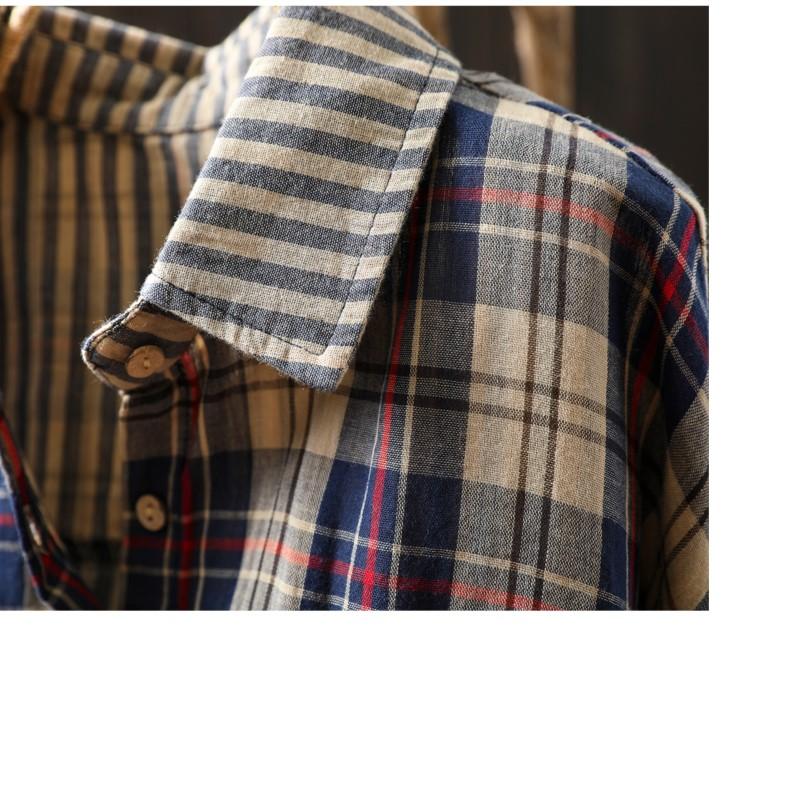 Johnature Women Vintage Plaid Shirts Patchwork Color Turn-down Collar Long Sleeve Button Pockets Blouses Spring Autumn Shirts