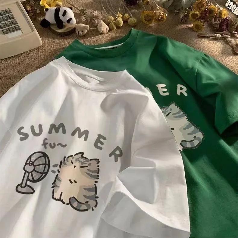 

Korean Minimalist Cartoon Cute Cat Printed Summer T-shirt Casual Round Neck Short Sleeves Creative Fashion Women s Clothing S