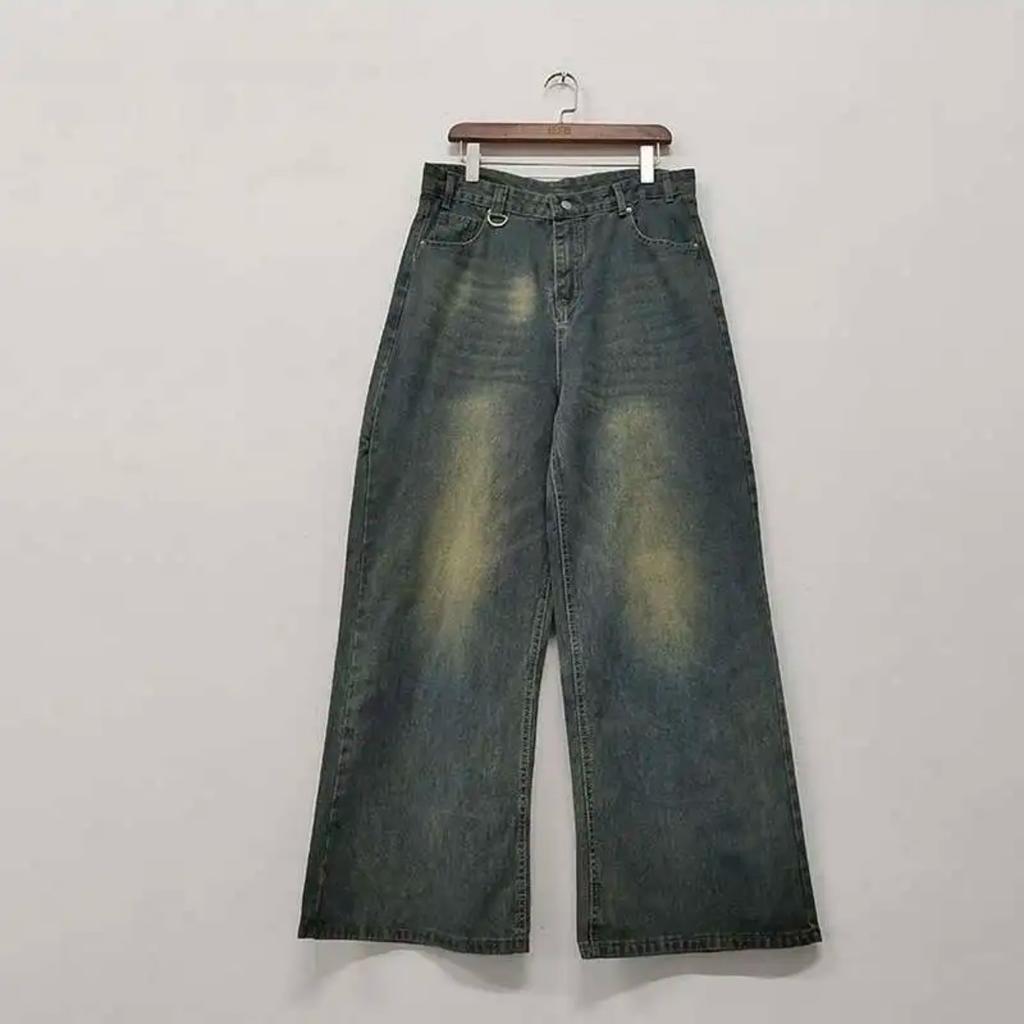 Men's Denim Pants Old Blue Washed Male Jeans Straight Casual Menwear Loose Wide Leg Trousers New Fashion