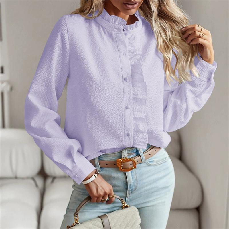 Women's Shirt Elegant Office Solid Color Long Sleeve Ladies Top Fashion Ruched Stand Collar Single Breasted Causal Simple Shirt