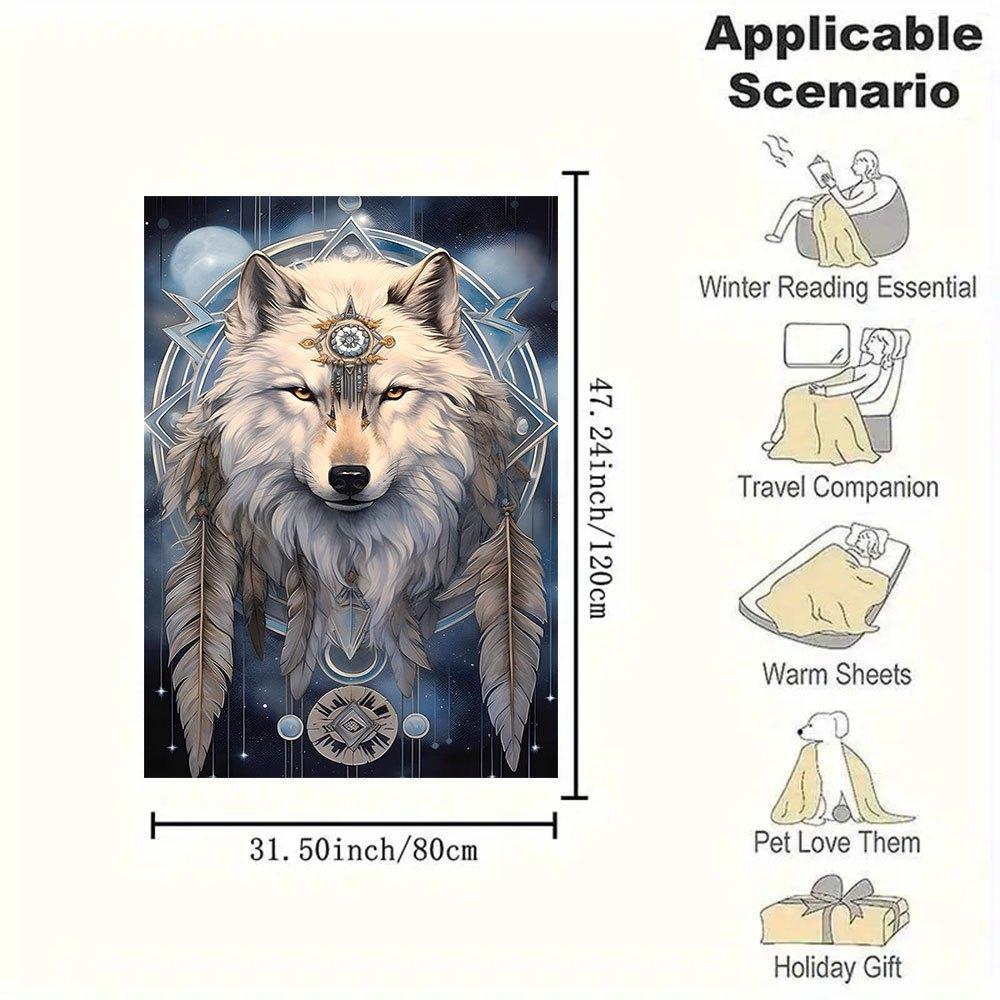 "White Wolf Spirit Dreamcatcher Wall Art Print"Blanket Flannel Throw Blanket for Sofa, Bed, Travel, Camping, Office, Couch, Chair, And Bed G
