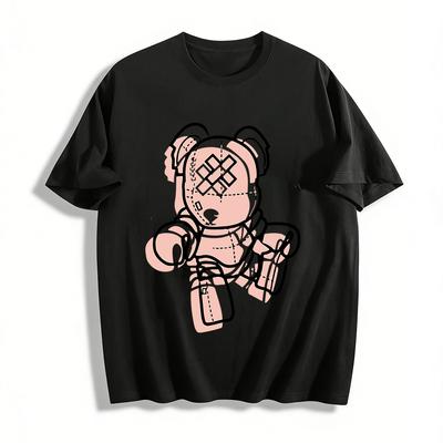 Vintage Stitch Patch Bear Print Casual Top Unisex Loose Trendy Crew Neck Tee Pure Cotton T-shirt
