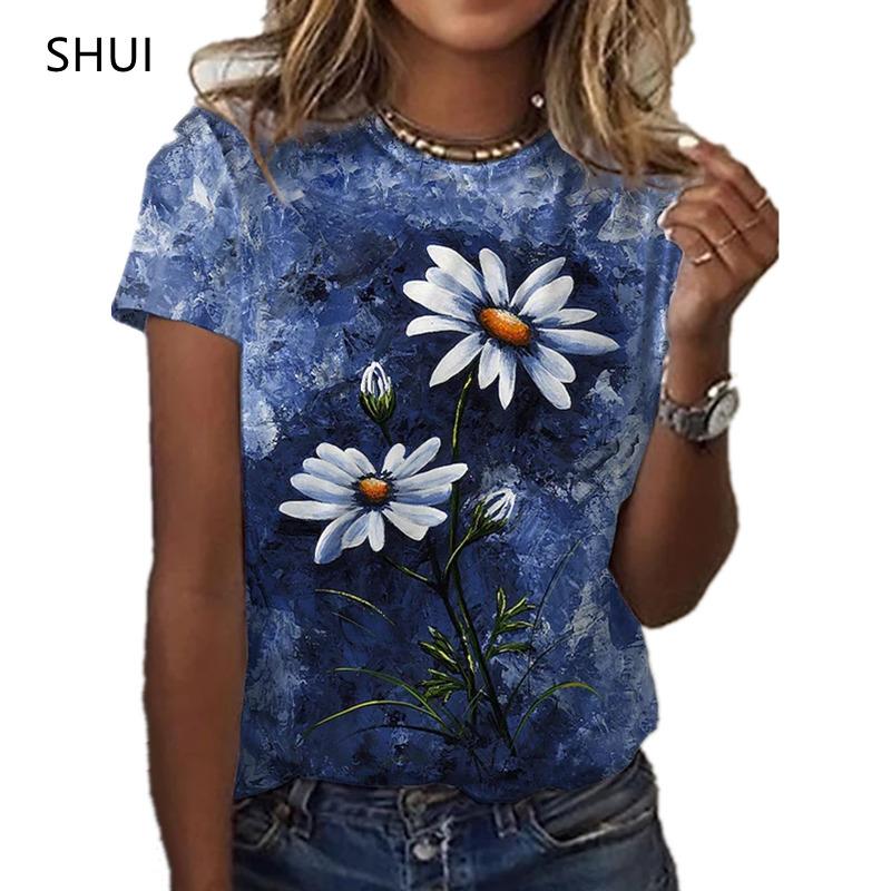 Fashion Artistic Flower Pattern T-shirt Women Summer Leisure Y2k Graphic Tee Female