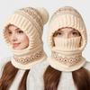 Knitted Hat Three-in-One Scarf Hooded Design Headgear Patchwork Color Fleece Lining Windproof