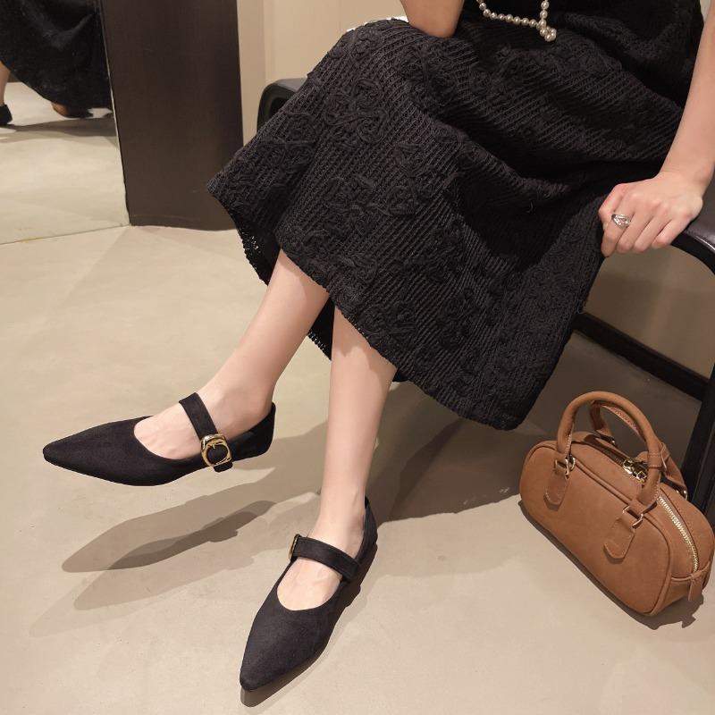 Fashion 2025 Low Heeled 2cm Women Pumps One Word Buckle Strap Design Solid Color Female Shallow Mouth Pointed Toe Comfy Low Heeled Shoes
