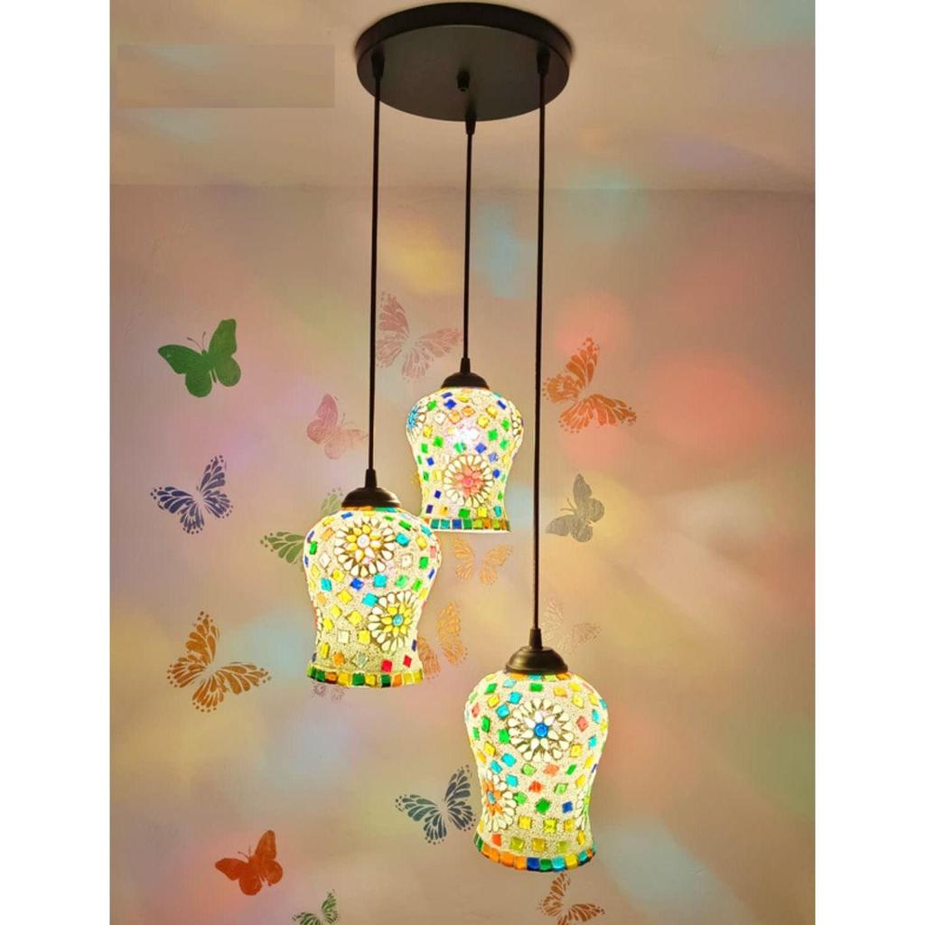 Classical Hanging Glass Mosaic Multi 3 Light Chandelier Pendants Ceiling Lamp (Multi Mosaic)
