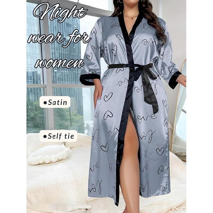 Women's Plus Size Valentines Robe, Sexy Satin Robe Long Sleepwear