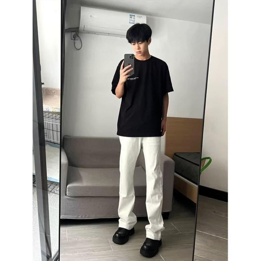 Jeans Homme Noir Coupe Droite Américain Poids Lourd - Tendance Printemps, Style High-Street Polyvalent avec Micro Évasement.