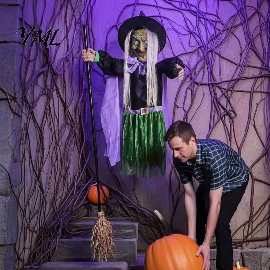 Sound Activated Party Prop 200cm Halloween Flying Witch with Scary Sounds & Glowing Eyes, Floating for Lawn Creepy Garden Yard Lawn, Haunted