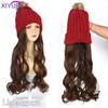 XIYUE Long Synthetic Straight Dark Brown Wigs with Hat Cap Adjustable Hair Wig with Hats for Ladies and Girls Daily Winter Wear