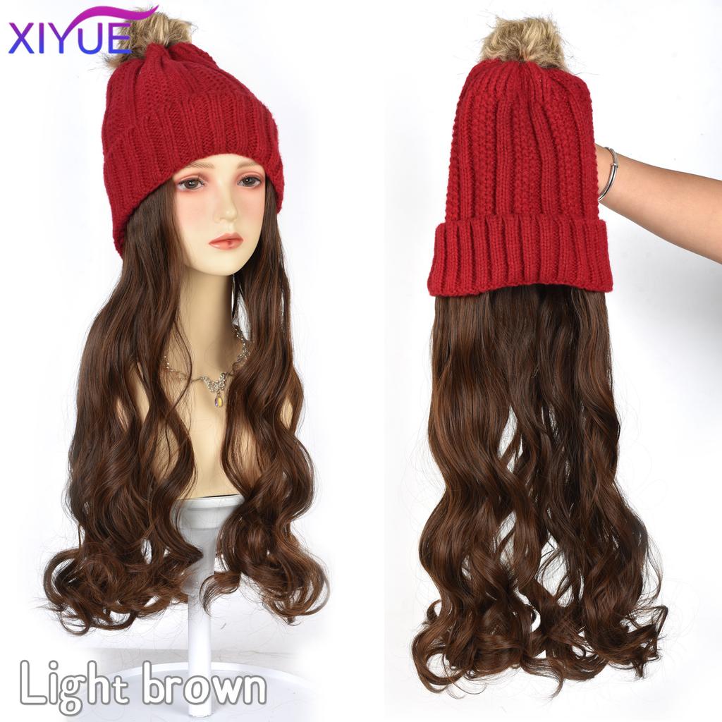 XIYUE Long Synthetic Straight Dark Brown Wigs with Hat Cap Adjustable Hair Wig with Hats for Ladies and Girls Daily Winter Wear