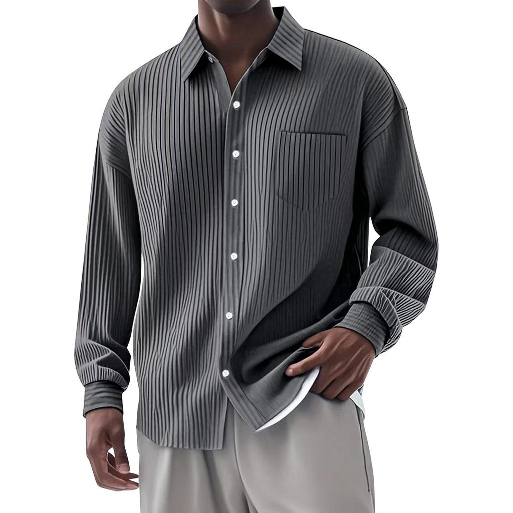 Men's Summer Solid Color Stripe Lapel Long Sleeved Shirt Men's Casual Fashion Long Sleeved Shirt