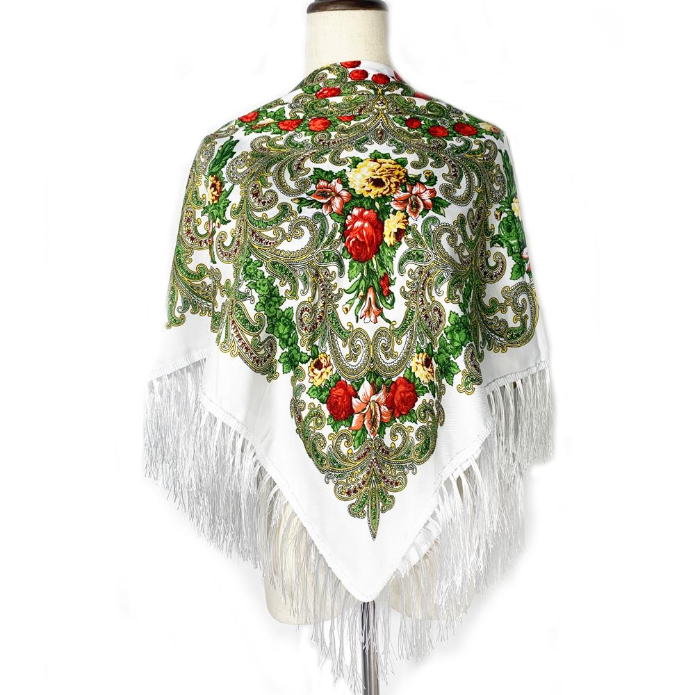Retro Style Ukrainian Fringed Shawl Russian Floral Print Square Scarf Babushka Bandana Handkerchief Female Head Wraps