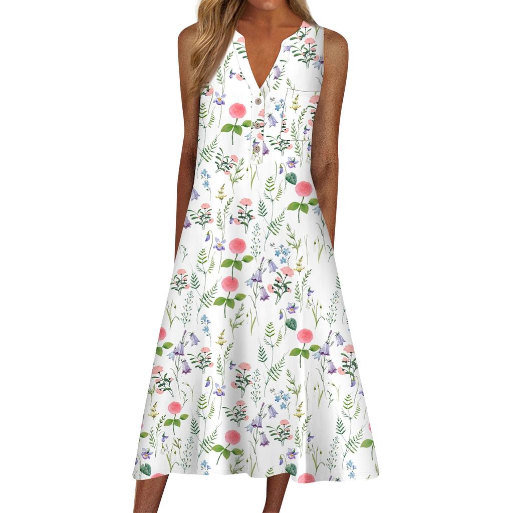 Kadınlar İçin Yaz Elbise Günlük Baskılı V Yaka Kısa Kollu Plaj Salıncak Elbise