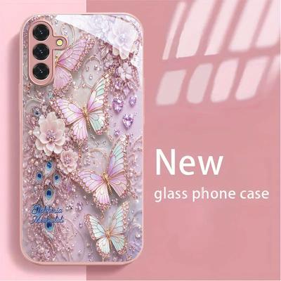 Pink Butterfly Hot-selling Exquisite Beautiful PhoneCase Glass PhoneCase for Samsung Galaxy S26 S25 S24 S23 S22 FE,Ultra,Plus
