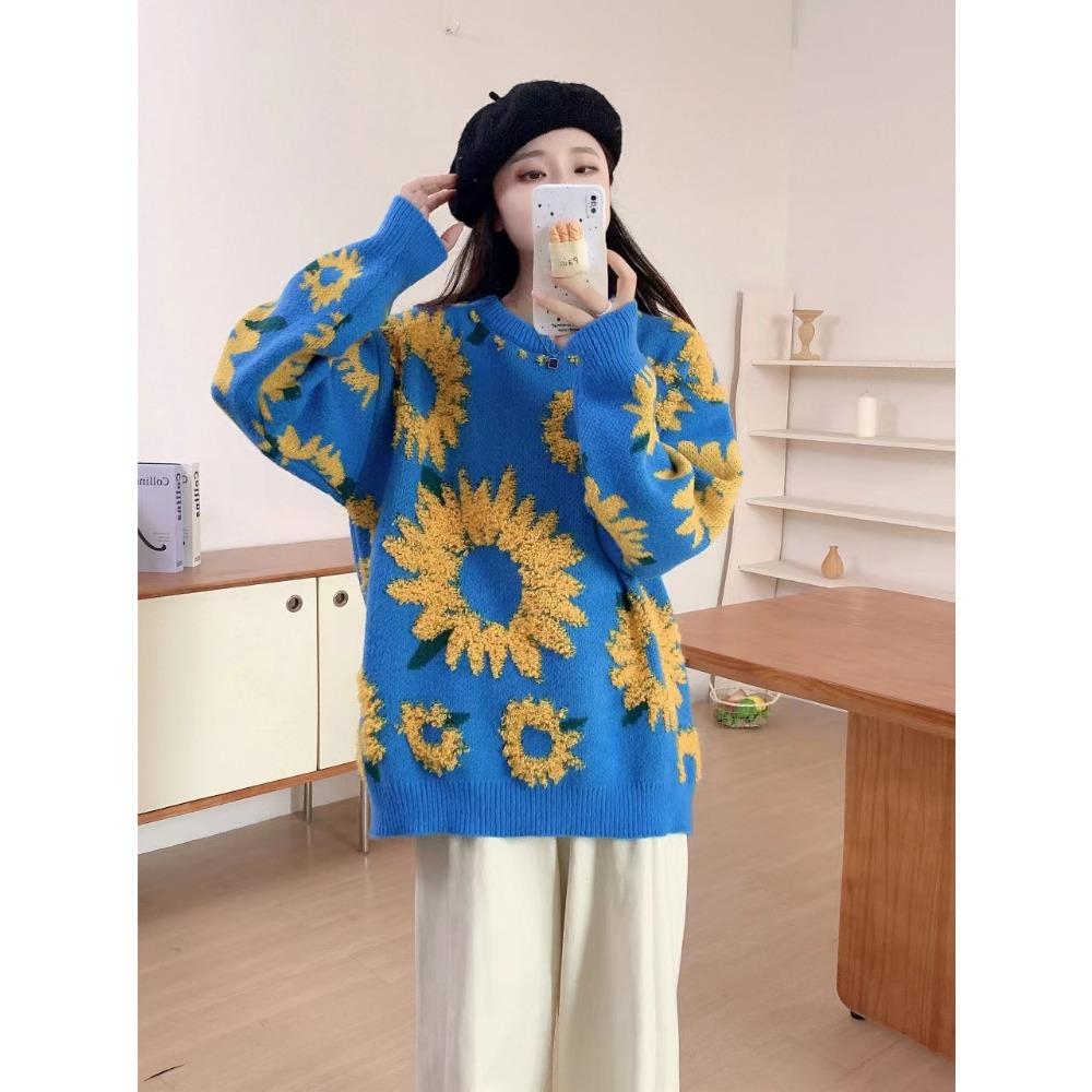 Evropský a americký slunečnicový žakárový svetr pletený svetr Dámský podzimní a zimní svetr s kulatým výstřihem a dlouhým rukávem střední a dlouhý
