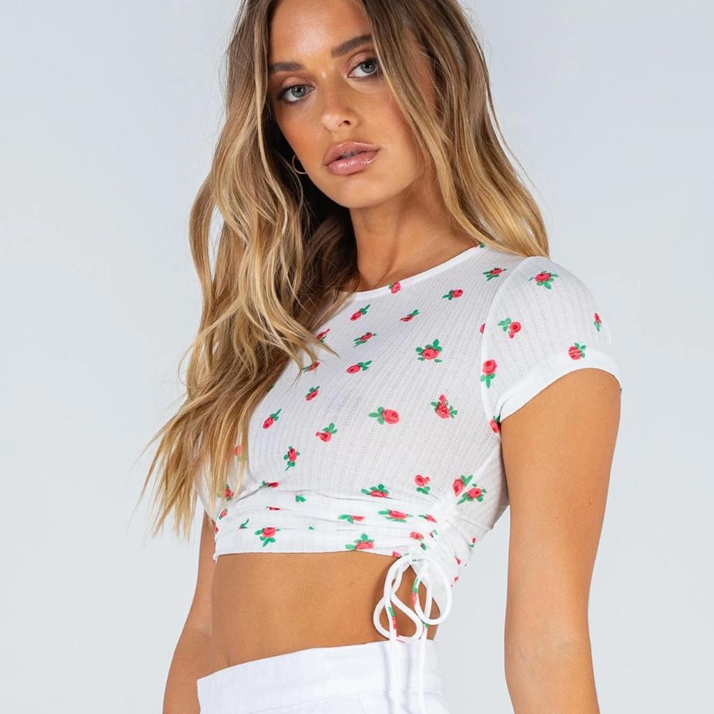 Summer Women's Short Sleeve T-Shirt Drawstring Crop Navel Crew Neck Casual Top