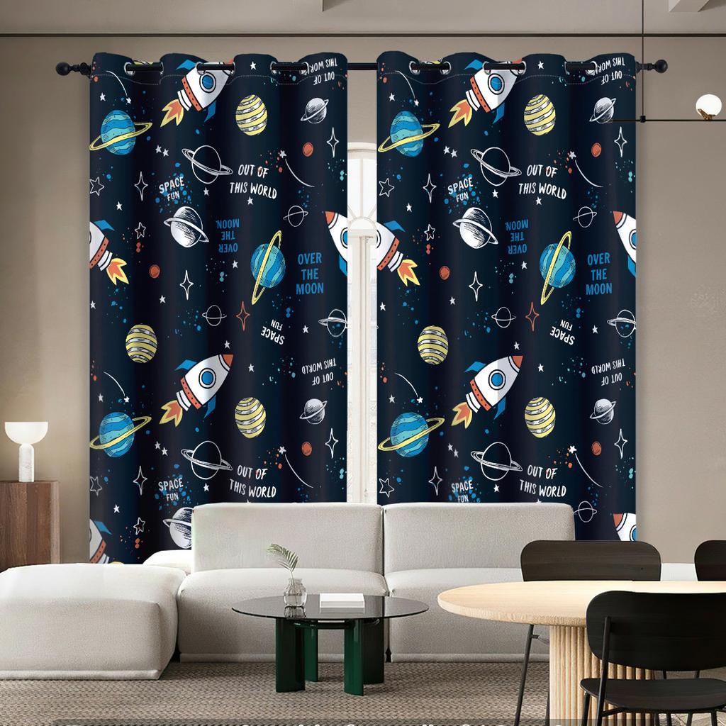 Adorable Astronaut Window Panel Drapes Spaceship Rocket Moon Eyelet Blackout Curtain Galaxy Star Outer Space Curtains for Kids Room Decor