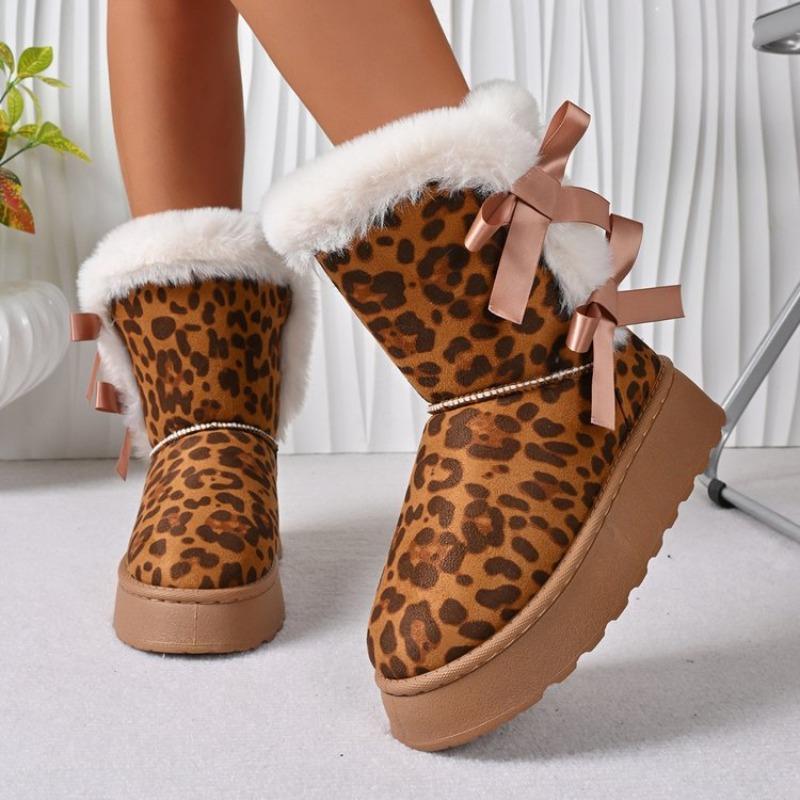 Women's Plus Size Side Bow Thick Platform Ankle Snow Boots Euro-American Fashion Versatile Casual New Autumn Winter