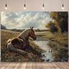 Cloth Background with Brown Horse Resting by the River with Ducks and Wild Flowers for Use in a Photographic Studio