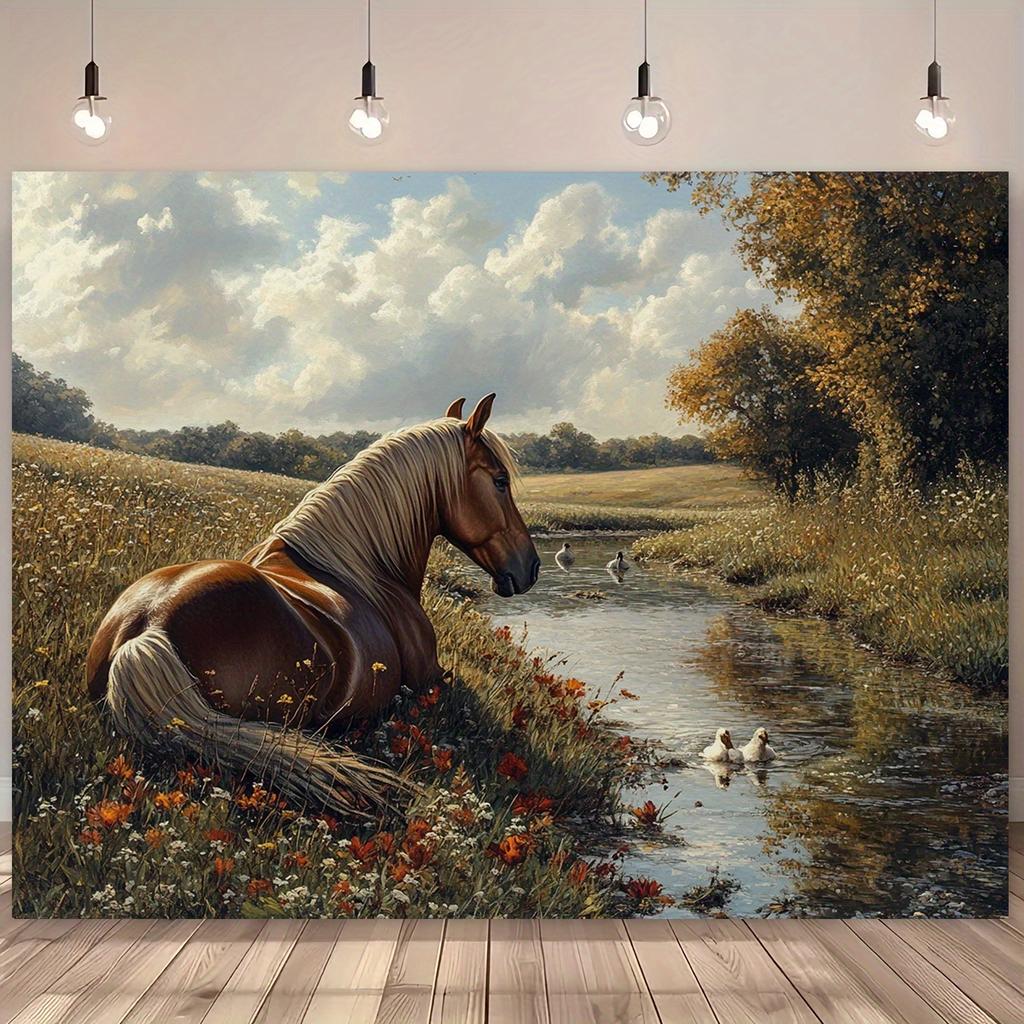 Cloth Background with Brown Horse Resting by the River with Ducks and Wild Flowers for Use in a Photographic Studio