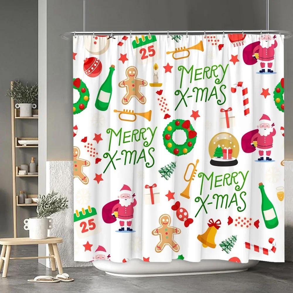 Christmas Shower Curtain Santa Claus Snowman Moose Cartoon Christmas Tree Winter Home Polyester Fabric Bathroom