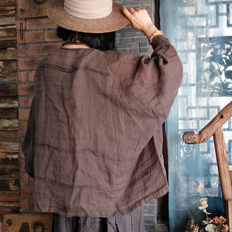 Artistic Women s Linen Sun Protection Outerwear - Fallen Ancient Coffee Ramie Top Shirt One Size