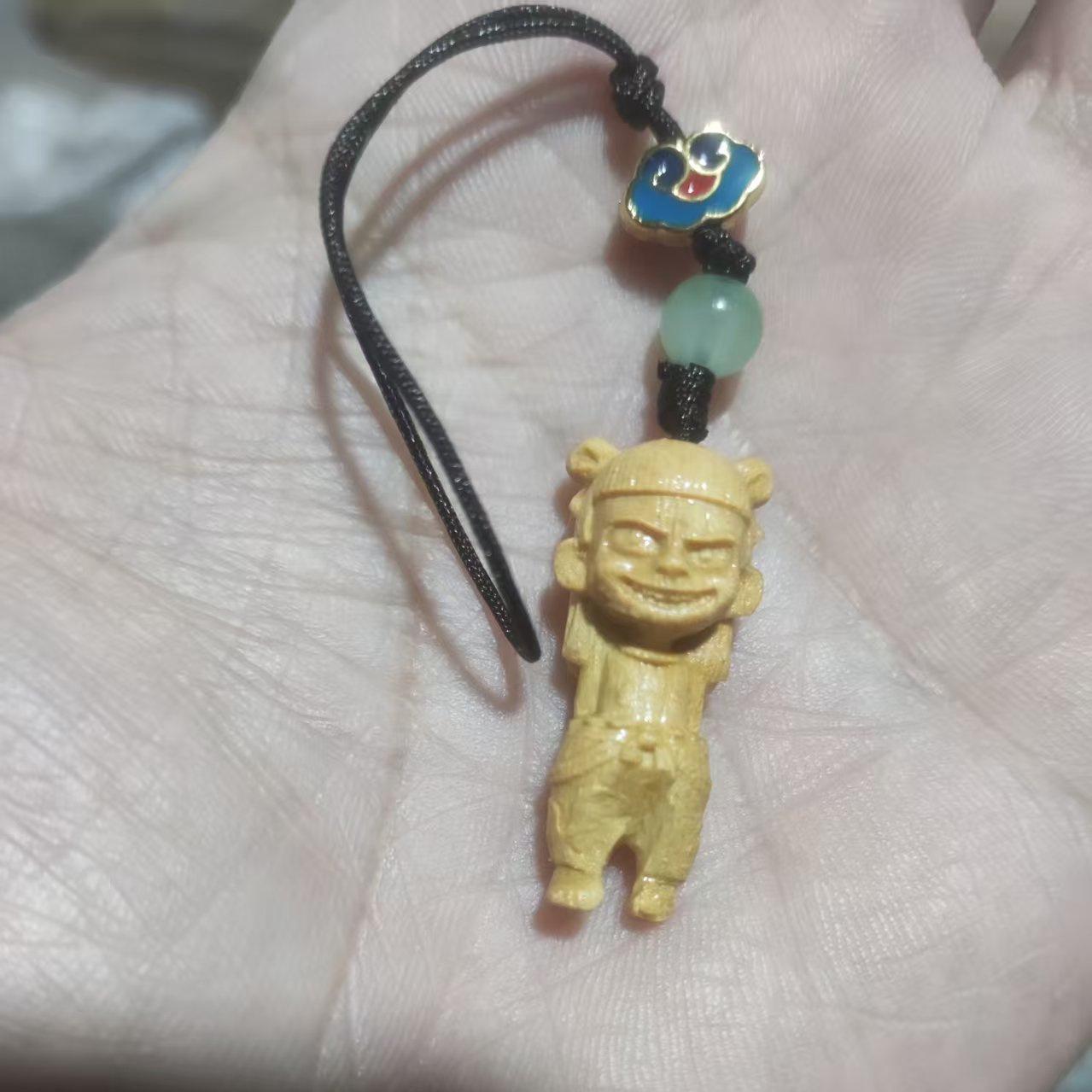 Nezha Keychain: Red & Green Sandalwood Carved Phone and Bag Charm