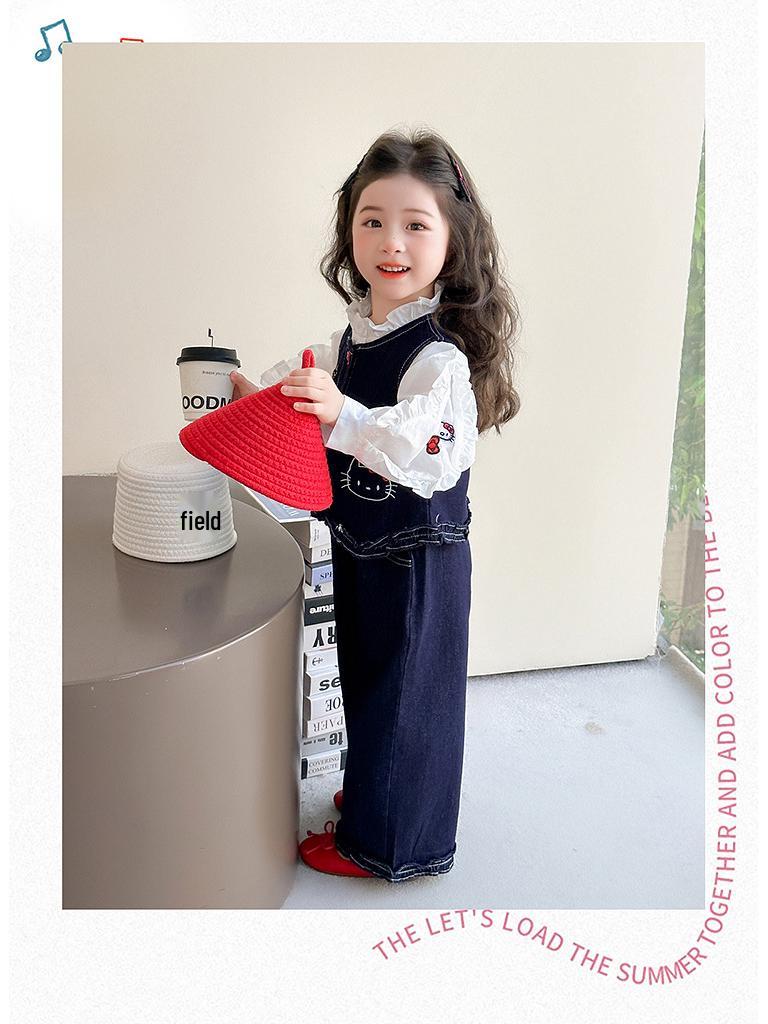 Girls' Cat Embroidered Denim Vest Set - 2025 Autumn Fashion Three-Piece Outfit