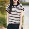 Women Knit T-shirt 100% Wool MODERN NEW SAGA Summer Knitted Shirt Short Sleeve Tees Turn-down Collar Patchwork Pullover Knit Tops