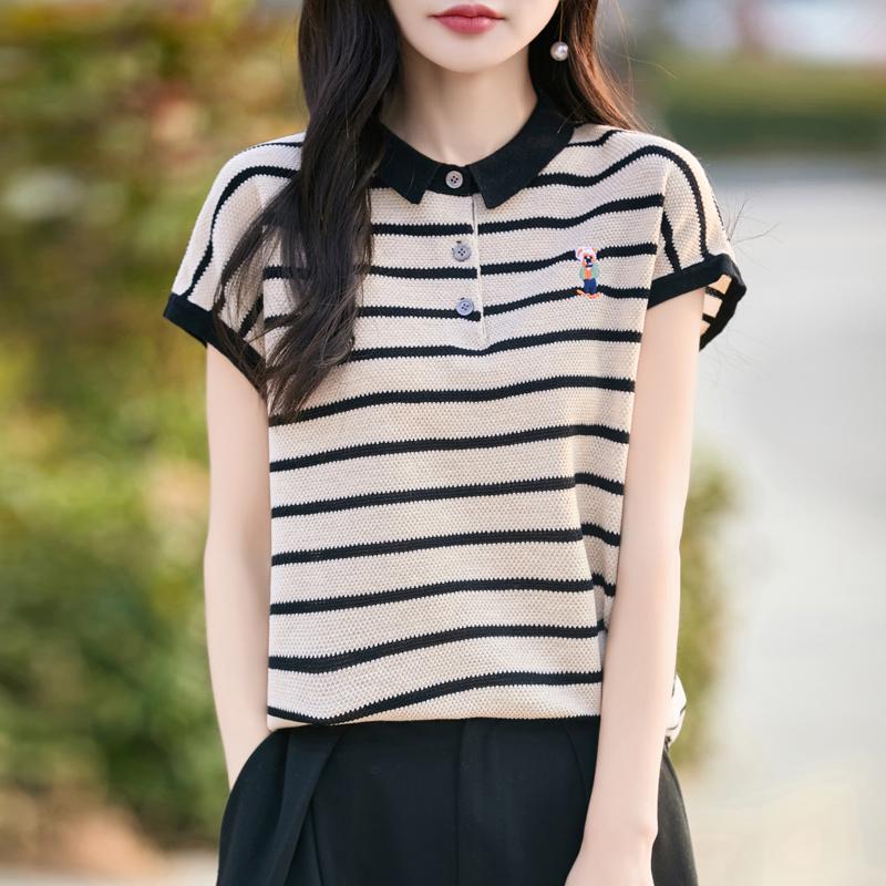 Women Knit T-shirt 100% Wool MODERN NEW SAGA Summer Knitted Shirt Short Sleeve Tees Turn-down Collar Patchwork Pullover Knit Tops