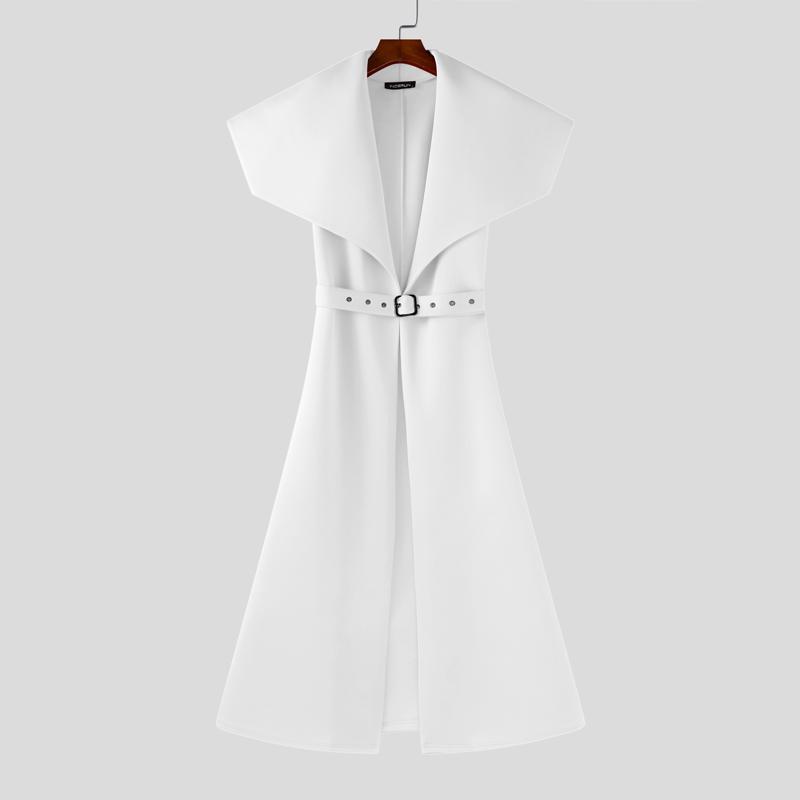 INCERUN Men Big Lapel Neck Long Sleeve Belt Waist Cospaly Open Front Long Tunic Coats