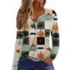 Women's Long Sleeve V-Neck T-Shirt with Button and Halloween Print Casual Top