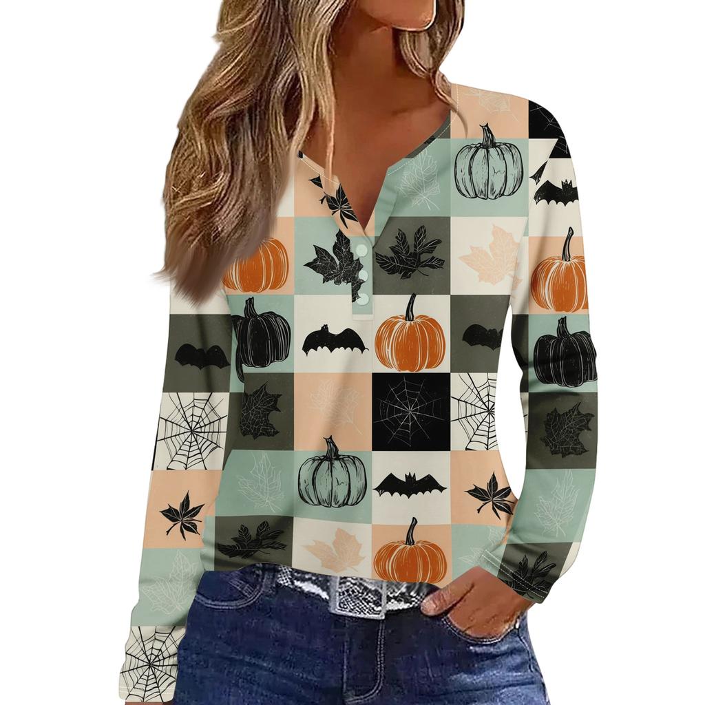 Women's Long Sleeve V-Neck T-Shirt with Button and Halloween Print Casual Top