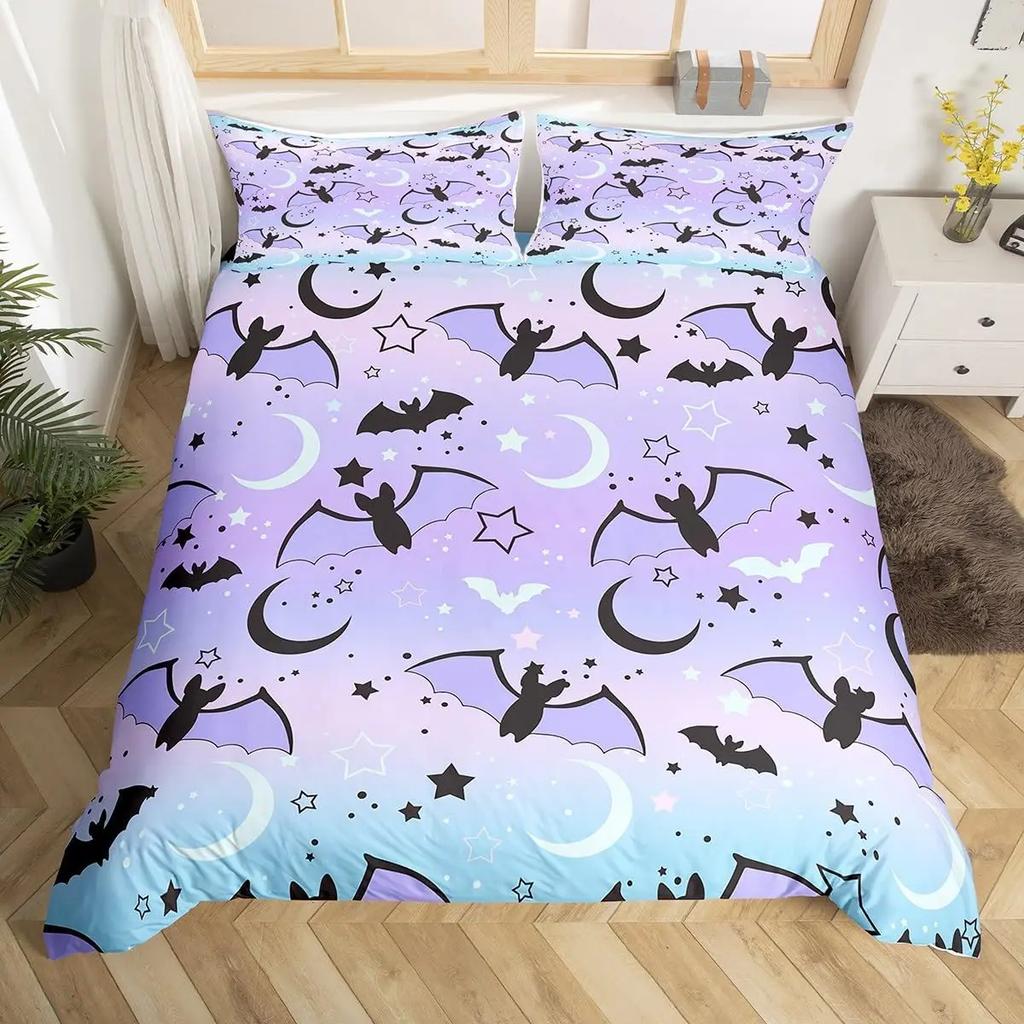 Fledermausdruck Bettbezug Twin Queen Halloween Bettwäsche-Set für Jungen Mädchen Kinder Regenbogen Bettdeckenbezug Farbverlauf Stil Raumdeko