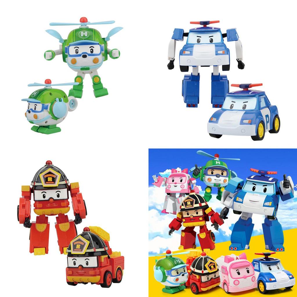 Komplettes Set aus 4 Stück Robocar Poli Ambe Roy Helly Transformer Spielzeug für Kinder Osterdekoration