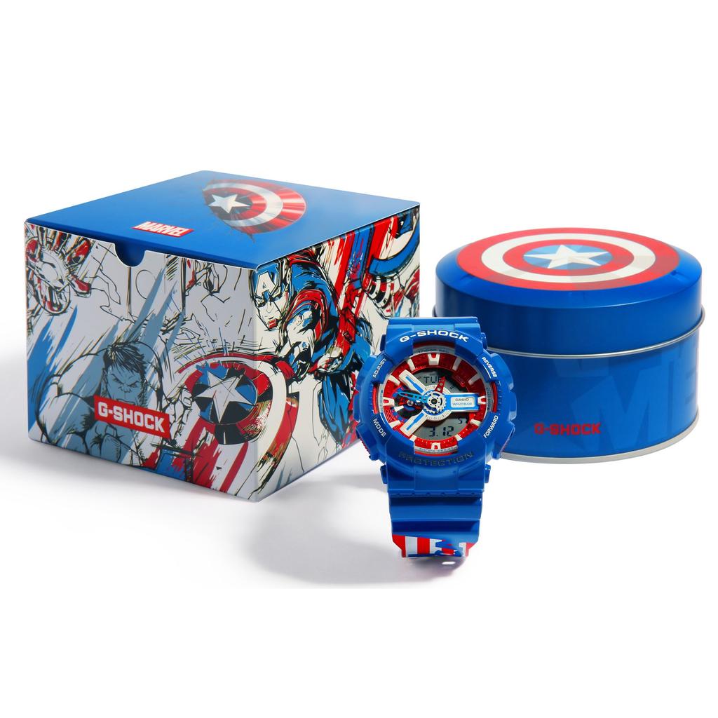 Casio G-Shock Marvel Limited Edition Captain America Geschenkset Dual Display Serie 200M Wasserdicht Quarzwerk Harzarmband GA-110CAPTAIN-2PR