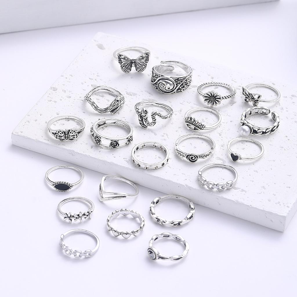 Retro Silver Color Geometric Knuckle Rings Set For Women Eye Cross Sun And Moon Leaf Charm Finger Ring Female Boho Party Jewelry